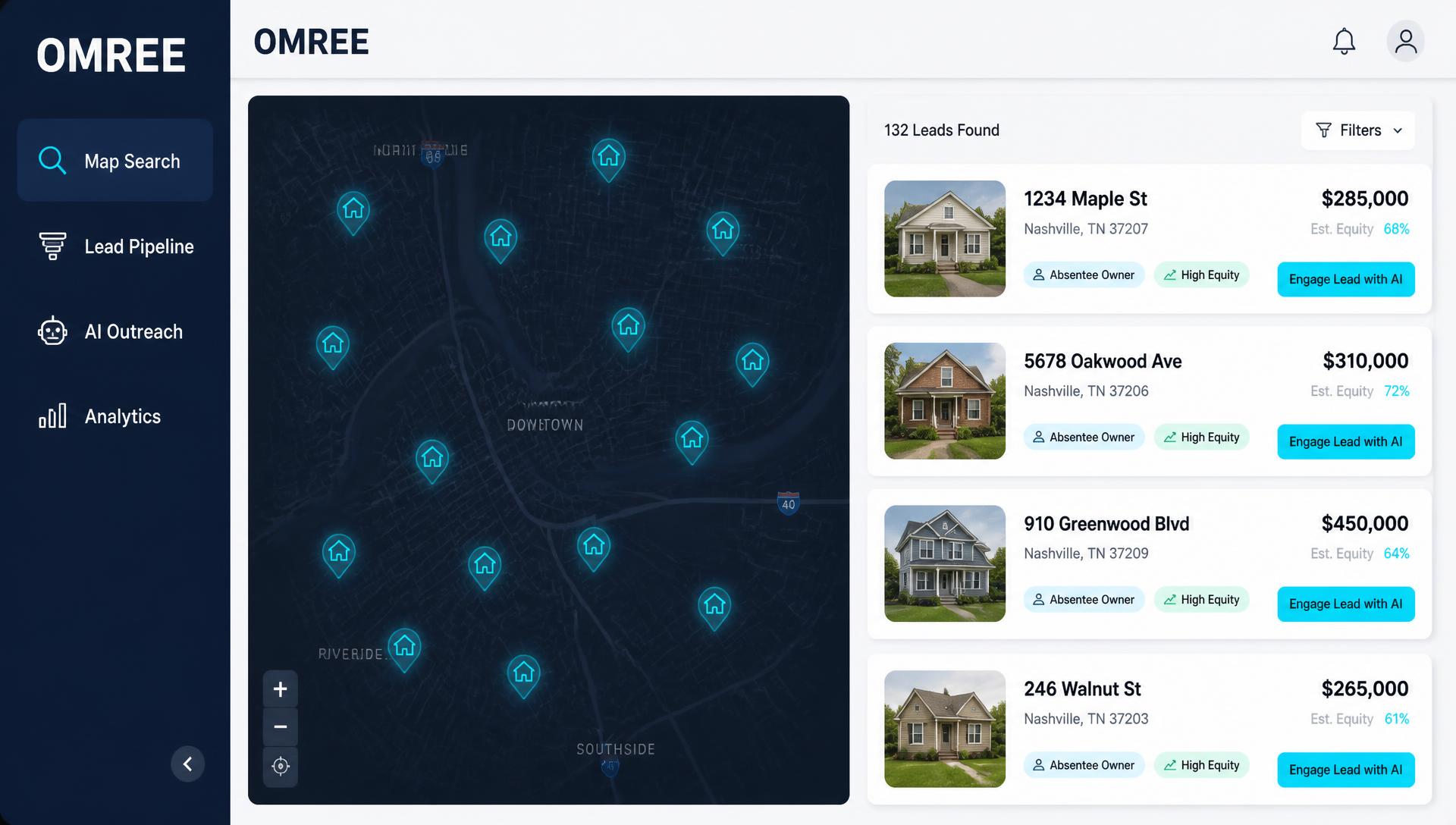 Illustrative Omree Pro dashboard preview with sample map pins and property lead cards